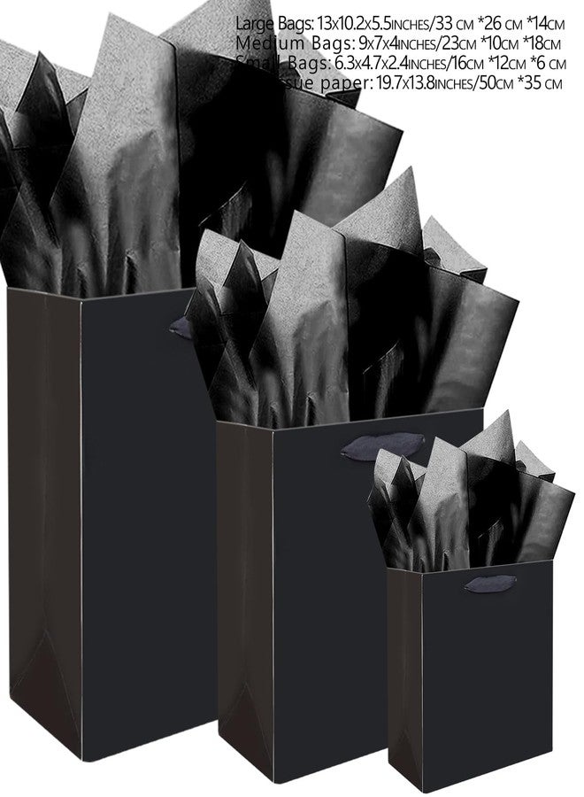 qiqee Black Gift Bags with Tissue Paper Mulit Assorted Sizes 24PCS Present Party Favor Birthday Bags(4pcs Large 13", 10pcs Medium 9", 10pcs Small 6" Bags，52pcs Tissue Paper) - Image 5